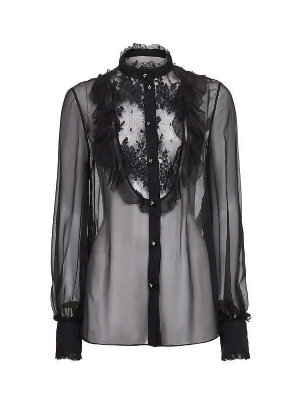 Black Silk Georgette Shirt with Lace Insert sold by Lord & Taylor
