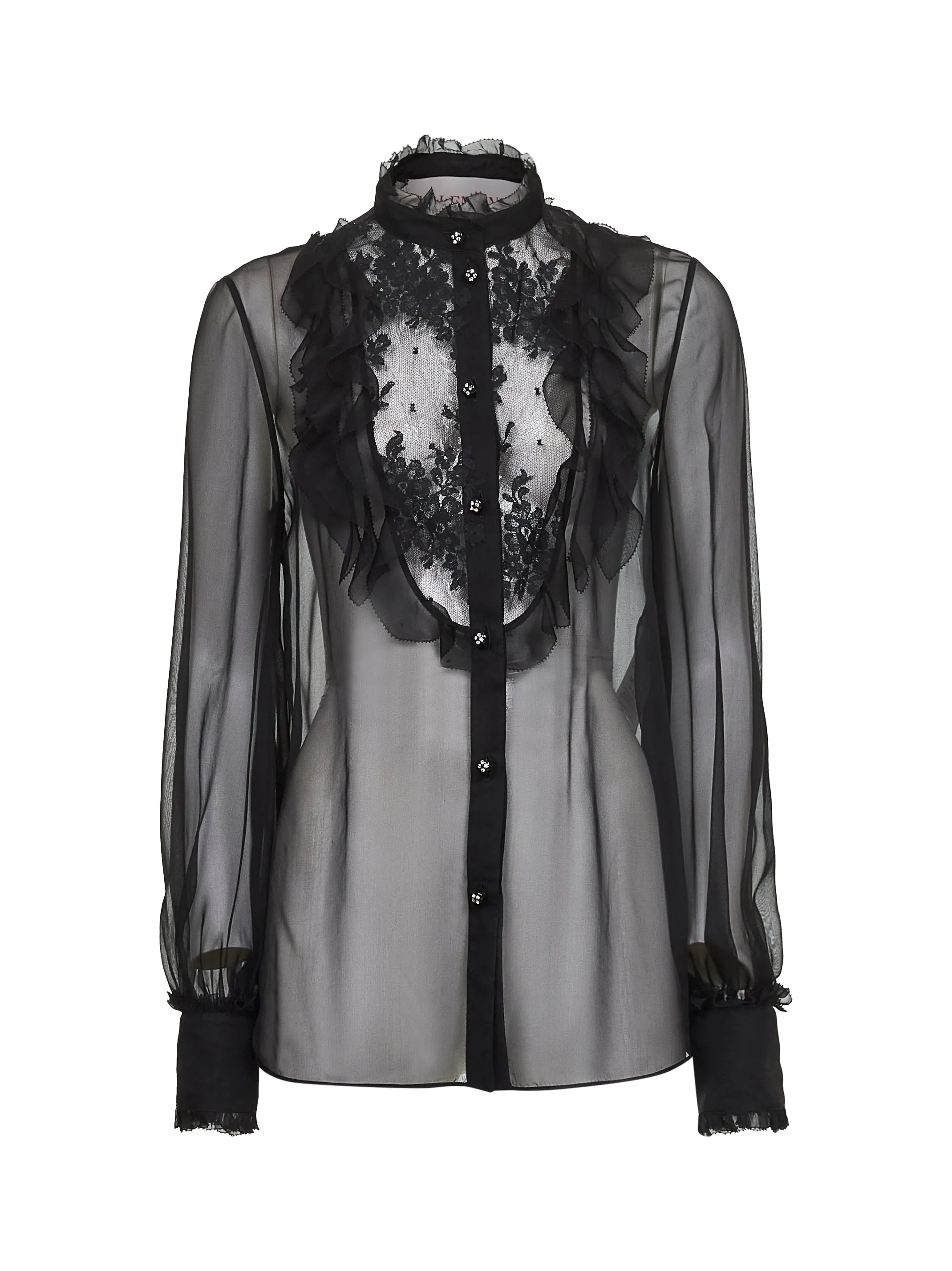 Black Silk Georgette Shirt with Lace Insert sold by Lord & Taylor