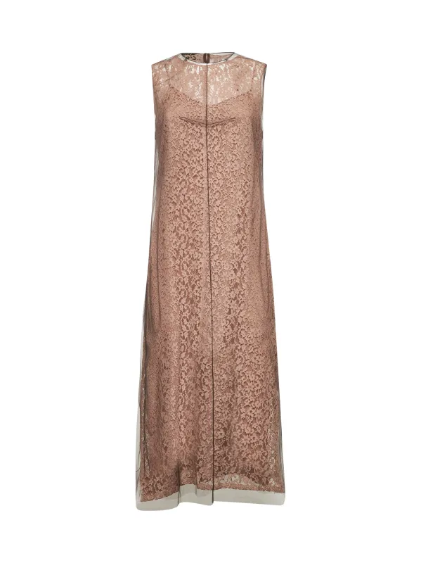 Pink Floral Lace Layered Midi Dress made by Fendi