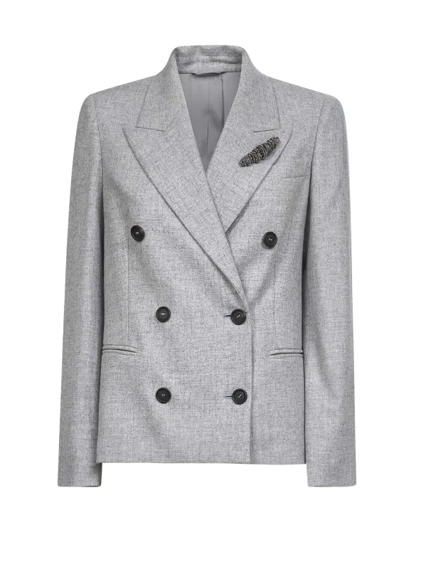 Grey flannel double-breasted blazer sold by Lord & Taylor