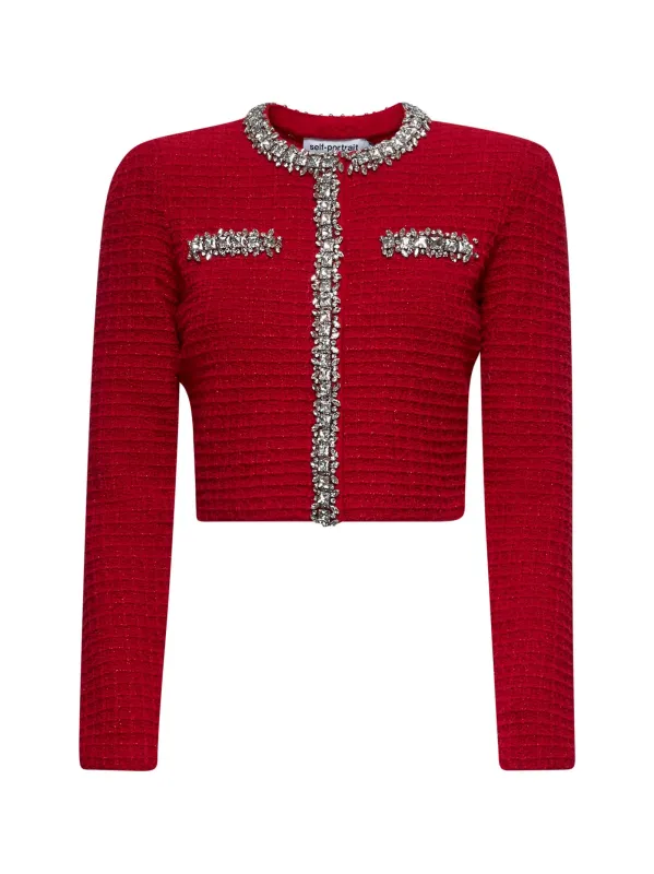 Red Lurex Knit Embellished Cardigan made by Self-Portrait