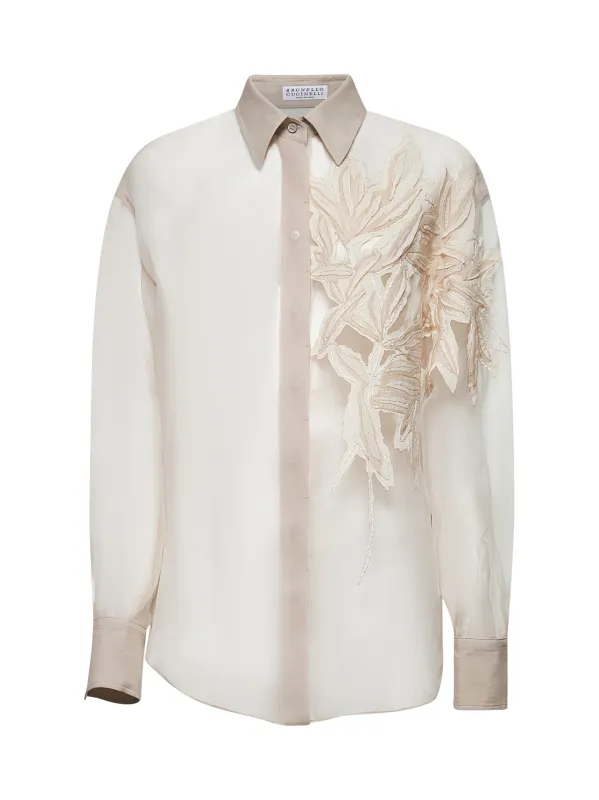 Beige Crispy Silk Flora Appliqué Shirt sold by Lord & Taylor