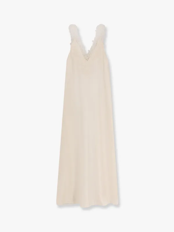 Long silk dress with lace details sold by Lord & Taylor