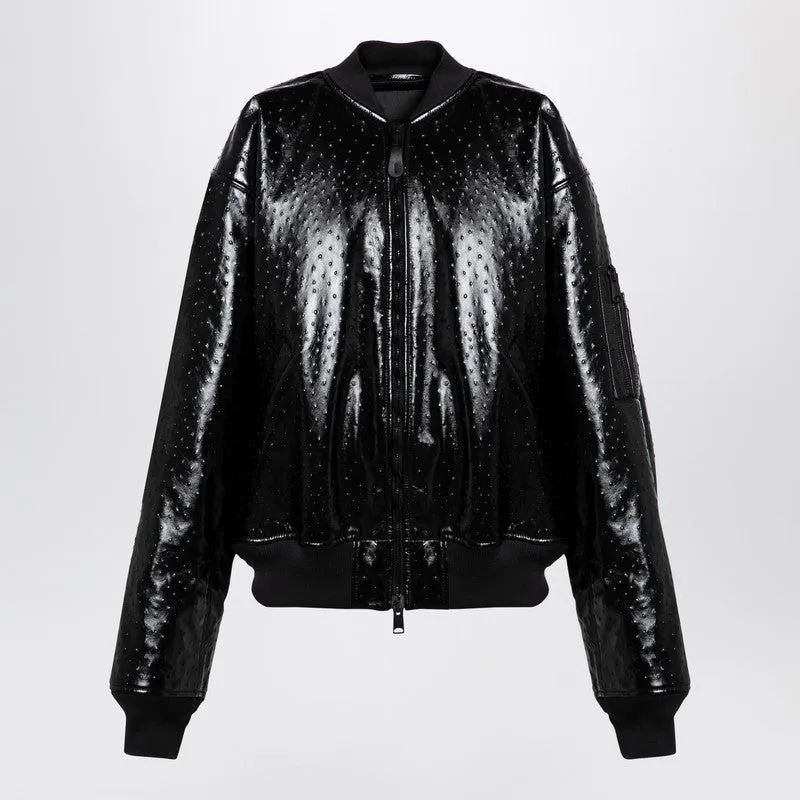 Black leather ostrich-effect bomber jacket sold by Lord & Taylor