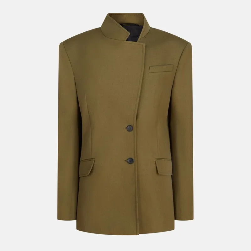 Asymmetric military green wool jacket sold by Lord & Taylor