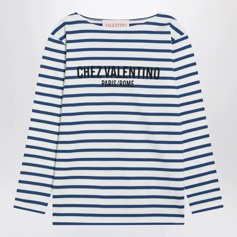 Ivory t-shirt with blue stripes Chez Valentino sold by Lord & Taylor