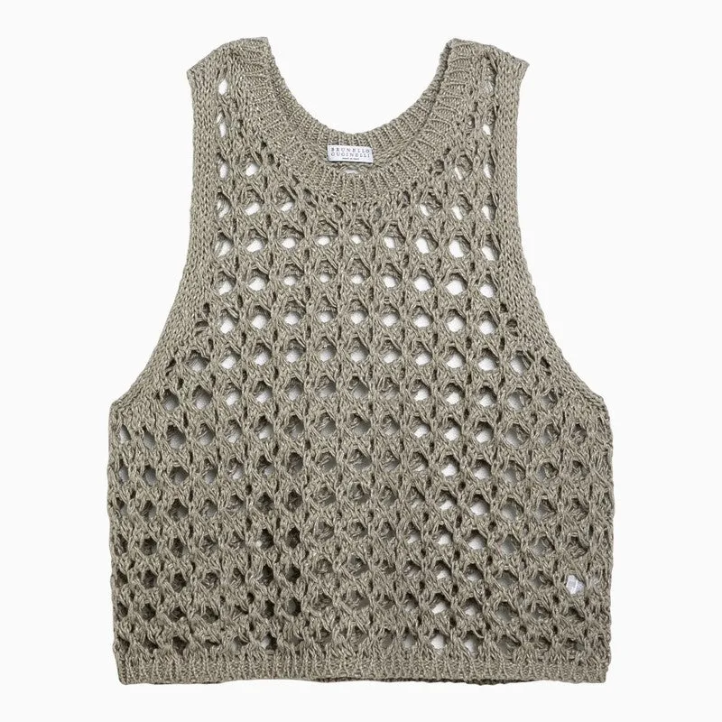 Brunello Cucinelli Dark green perforated cotton-blend tank top sold by Lord & Taylor