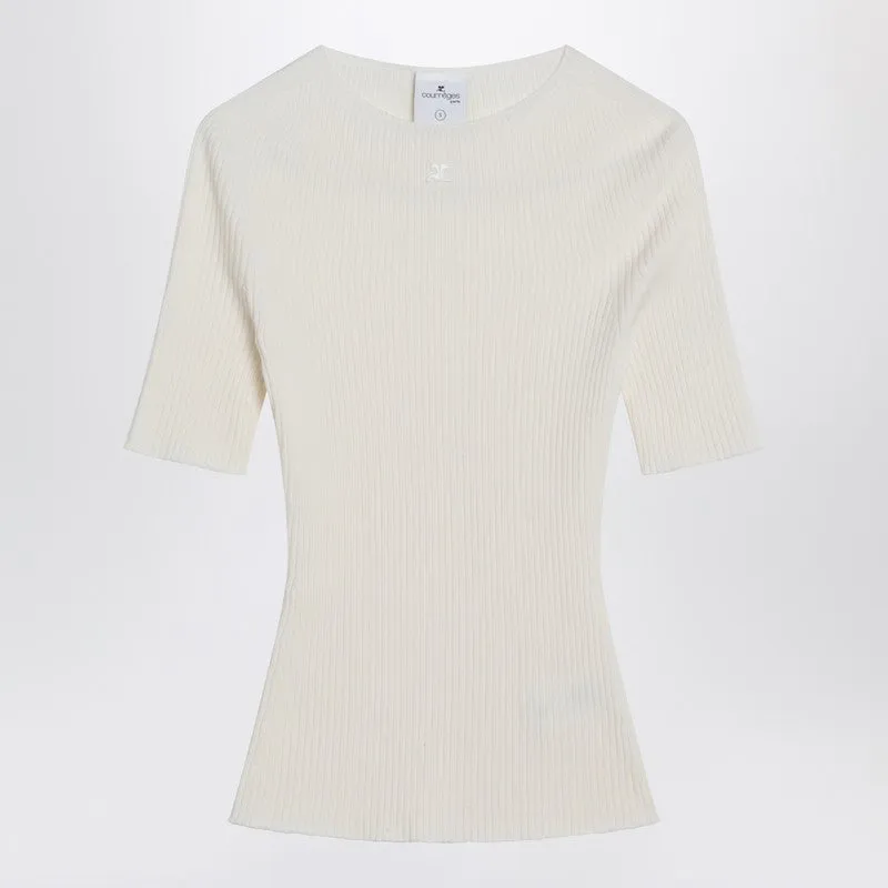 Courrèges White ribbed sweater in cotton and wool made by Courreges