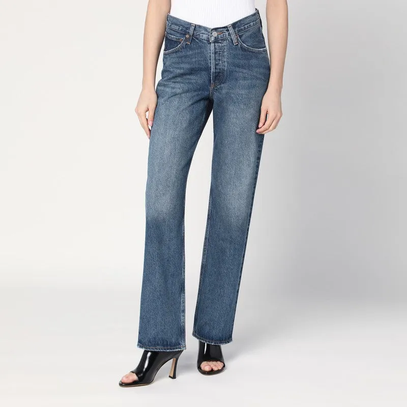 Blue jeans with a faded effect in blended regenerated denim sold by Lord & Taylor