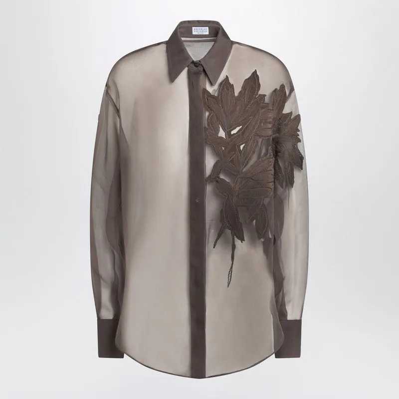 Brown shirt with Flora Appliqué in silk sold by Lord & Taylor