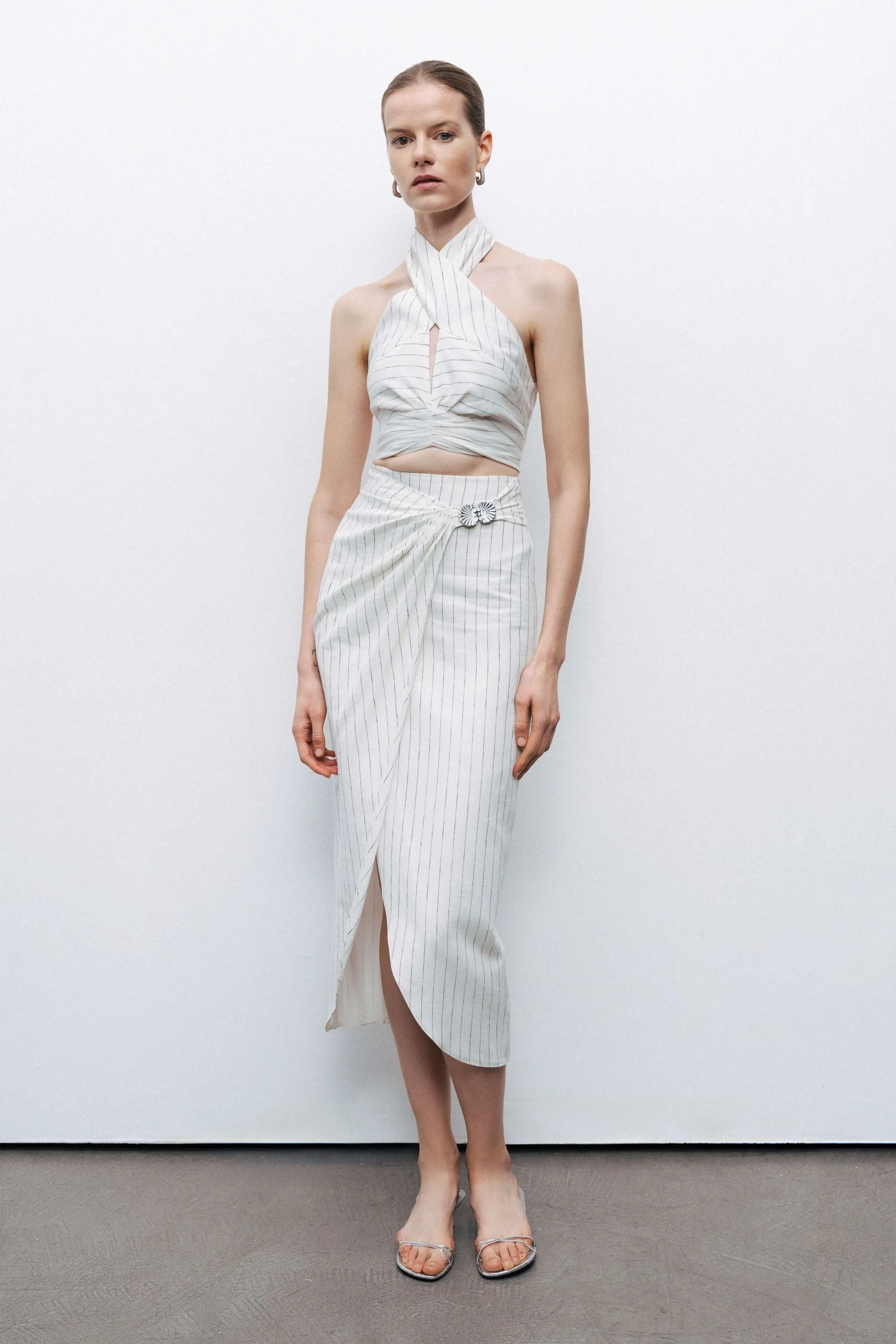 Striped Linen Blend Midi Skirt with Metal Accessories sold by Lord & Taylor