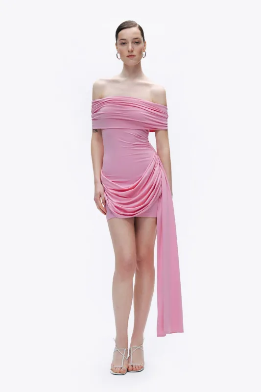Pink Off Shoulder Draped Mini Dress sold by Lord & Taylor