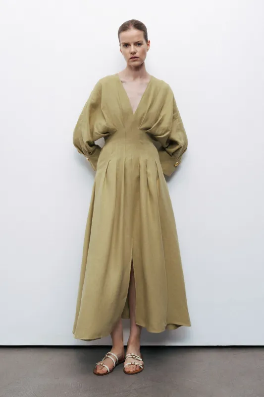 Olive Linen Pleated Midi Dress sold by Lord & Taylor