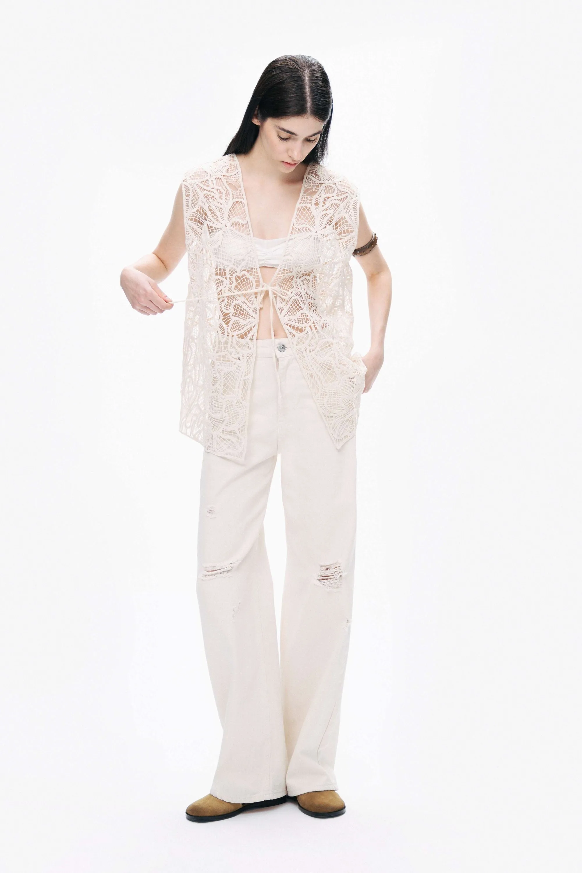 Ecru Floral Embroidered Detailed Vest sold by Lord & Taylor product image thumbnail 2