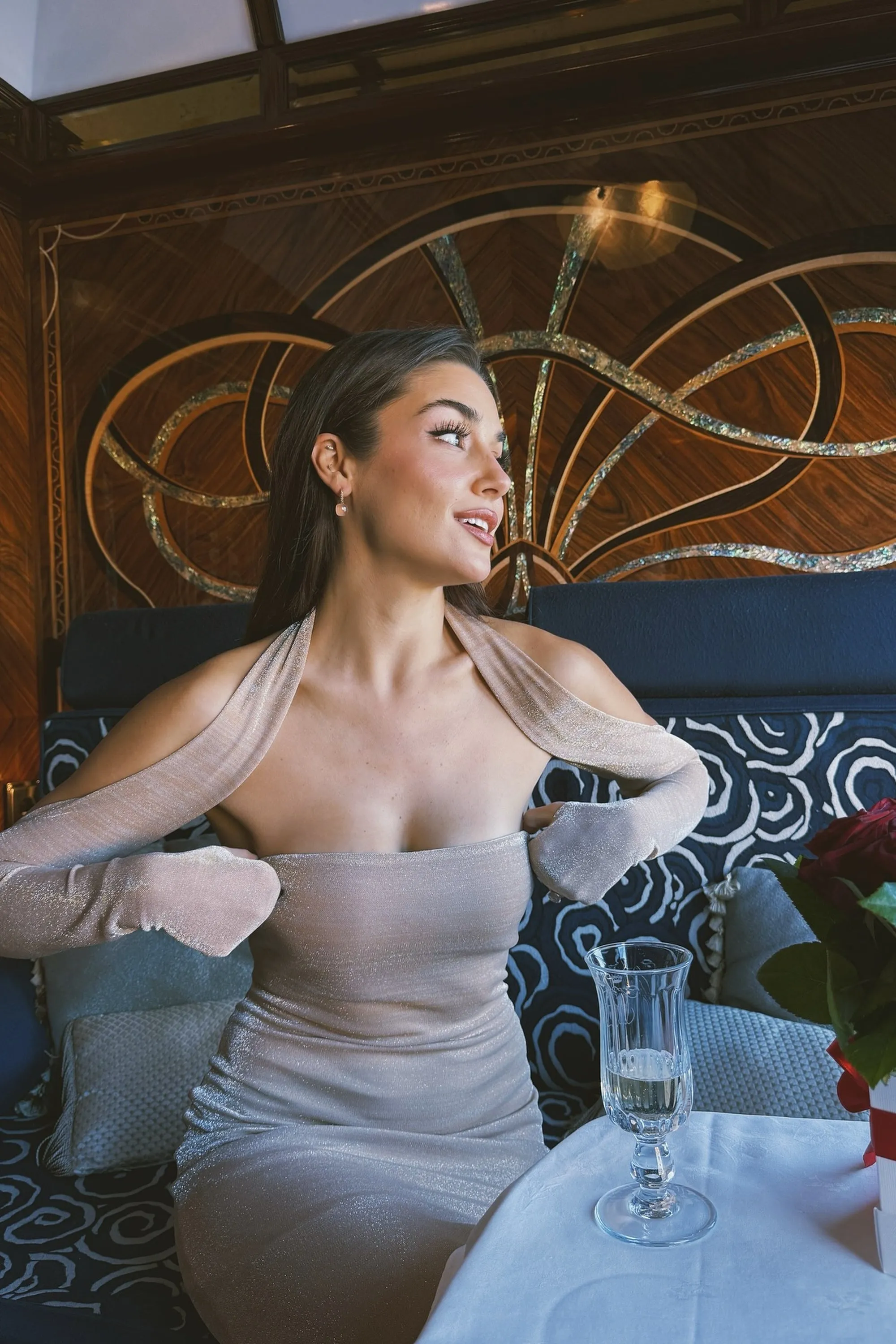 Gold Strapless Maxi Dress with Glove Accessory sold by Lord & Taylor