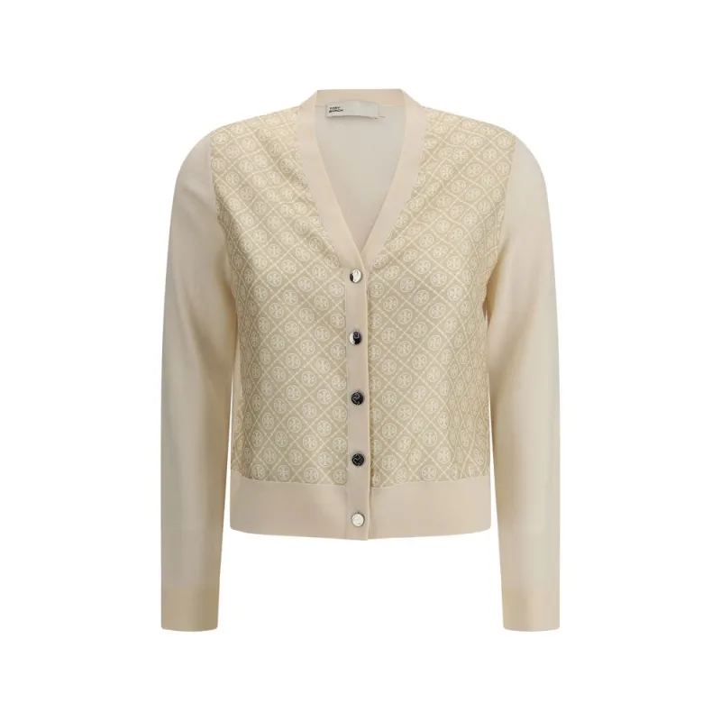 Silk and wool Cardigan with logos made by Tory Burch