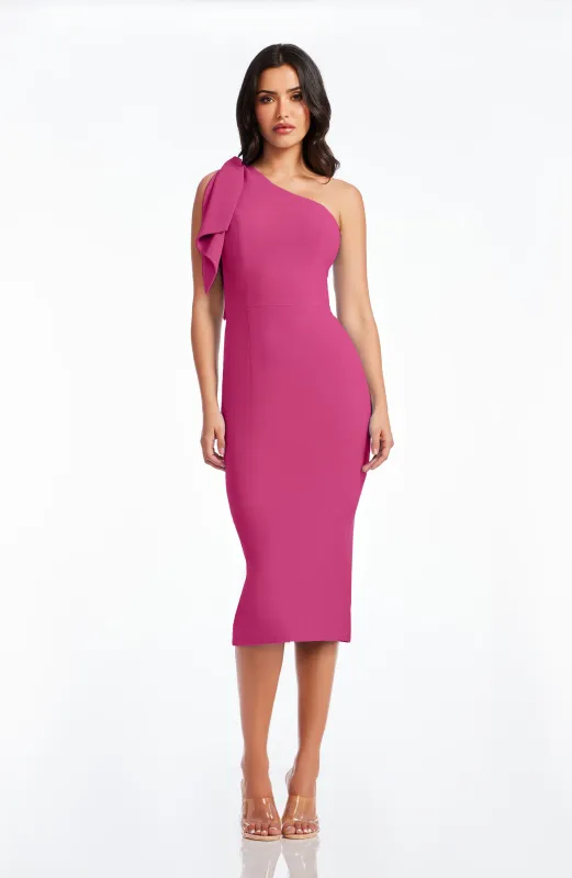 CAMERON One Shoulder Statement Bow Midi Dress in Lilac