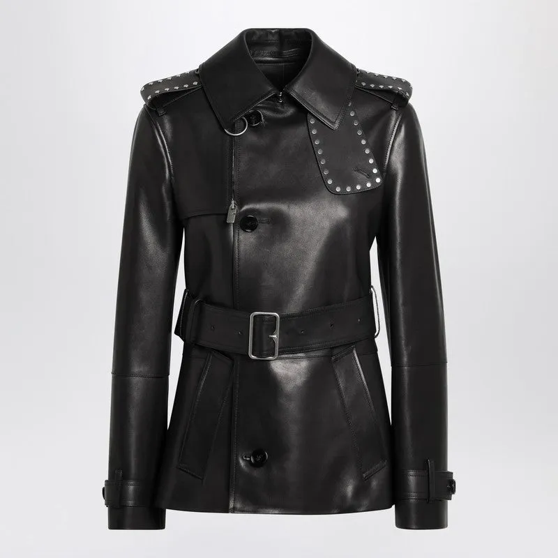 Short black leather jacket with studs sold by Lord & Taylor