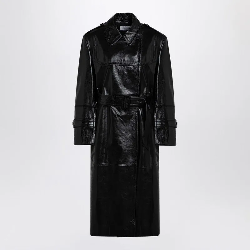 Black trench coat in semi-glossy nappa leather sold by Lord & Taylor