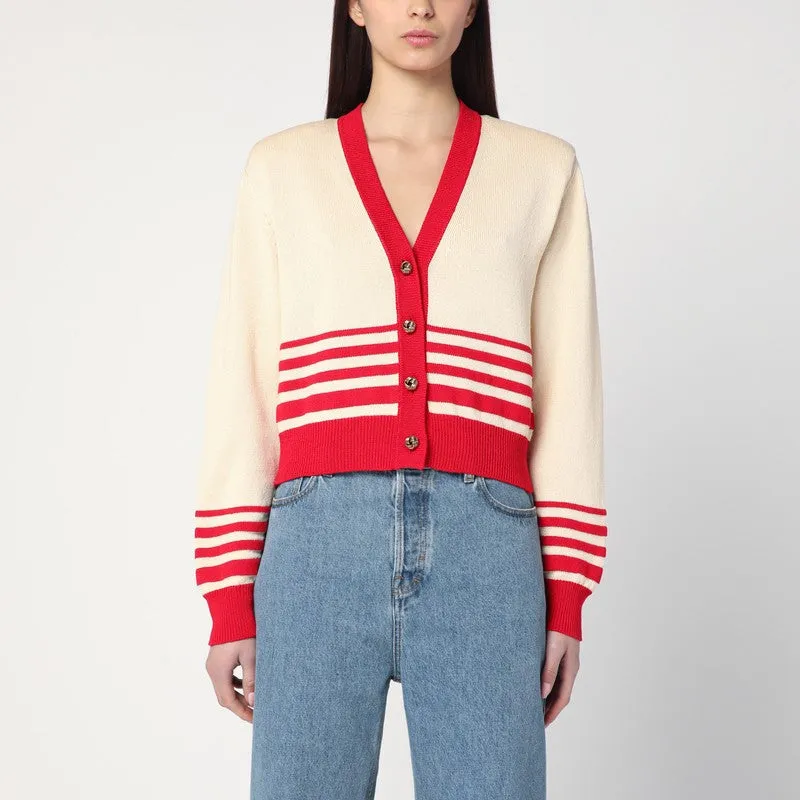 Beige cardigan with red stripes sold by Lord & Taylor