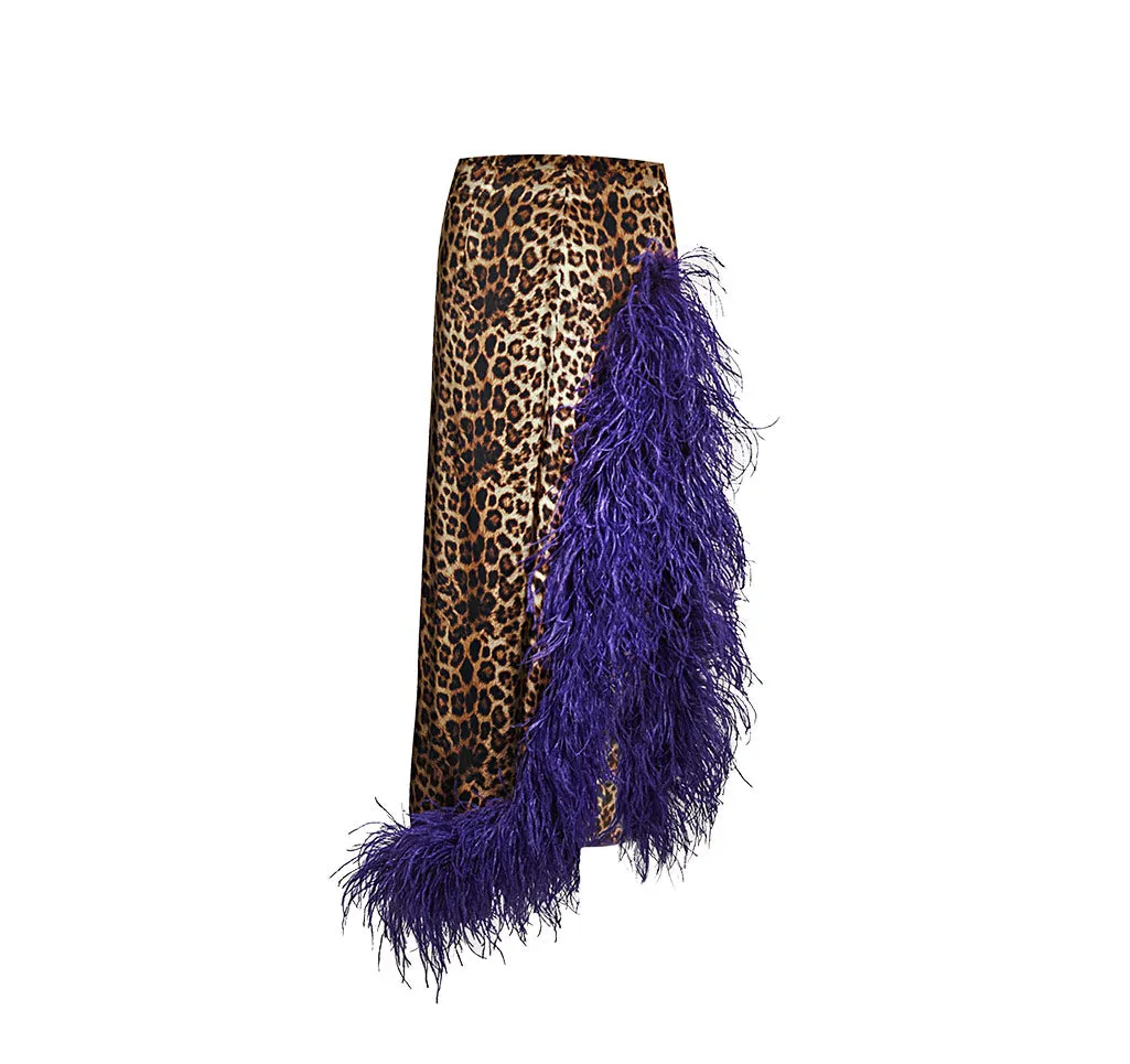 Leopard Print Silk Skirt With Purple Ostrich Trim sold by Lord & Taylor