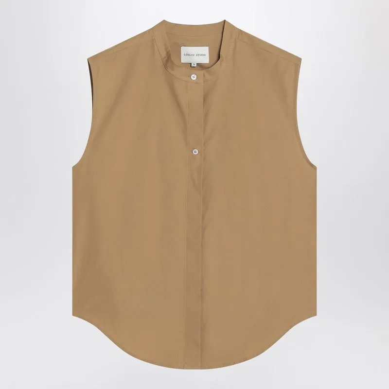 Sleeveless shirt in sand colour sold by Lord & Taylor