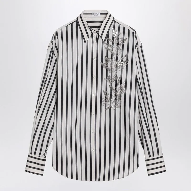 Striped shirt with floral embroidery made by Brunello Cucinelli