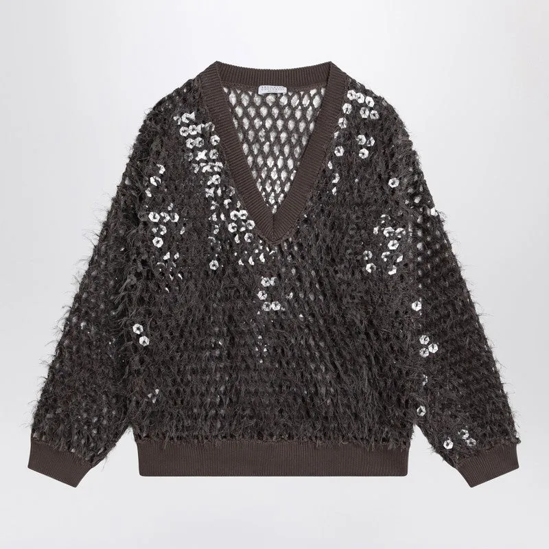 Chocolate mesh top with sequins sold by Lord & Taylor