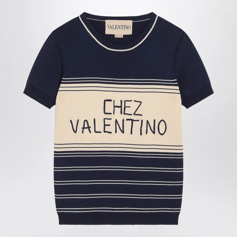 Blue ribbed top with Chez Valentino embroidery sold by Lord & Taylor
