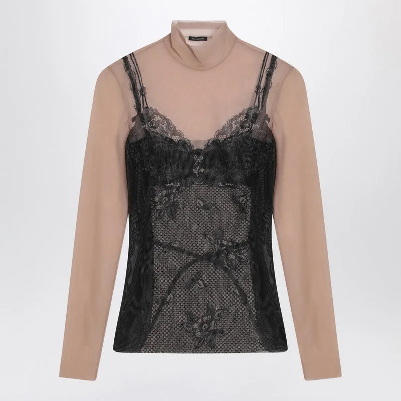 Black and light beige Trompe l''oeil Lingerie top sold by Lord & Taylor