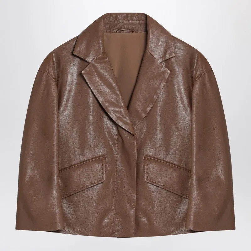 Brown cropped leather jacket made by Lord & Taylor