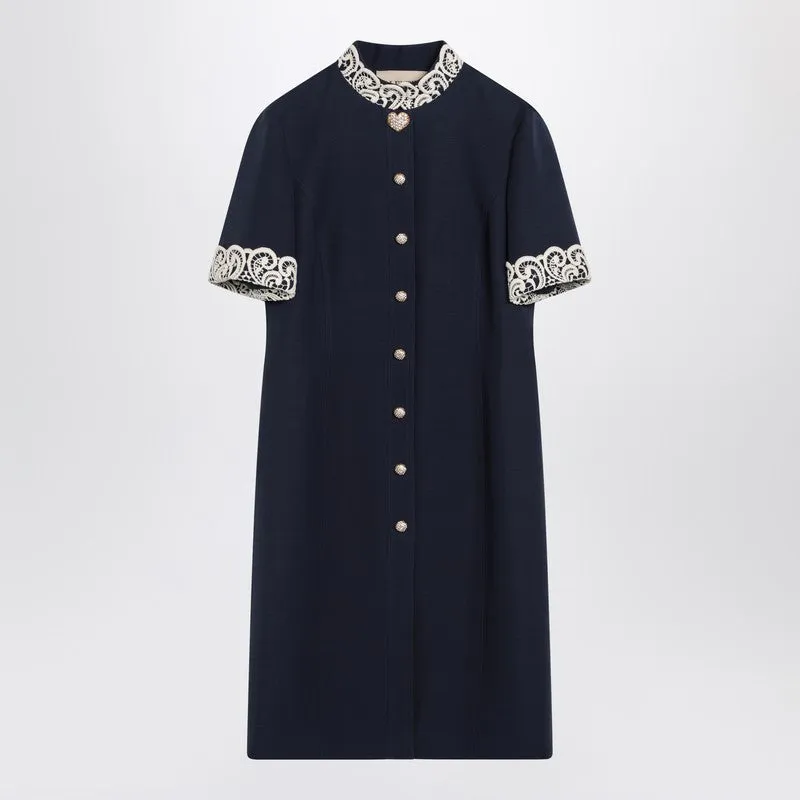 Indigo blue dress with macramé trim sold by Lord & Taylor