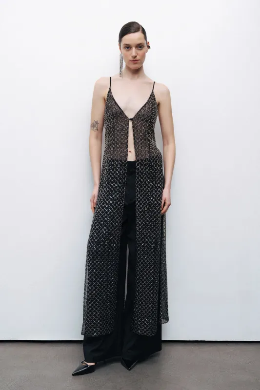 Black Beaded Embroidered Maxi Vest sold by Lord & Taylor
