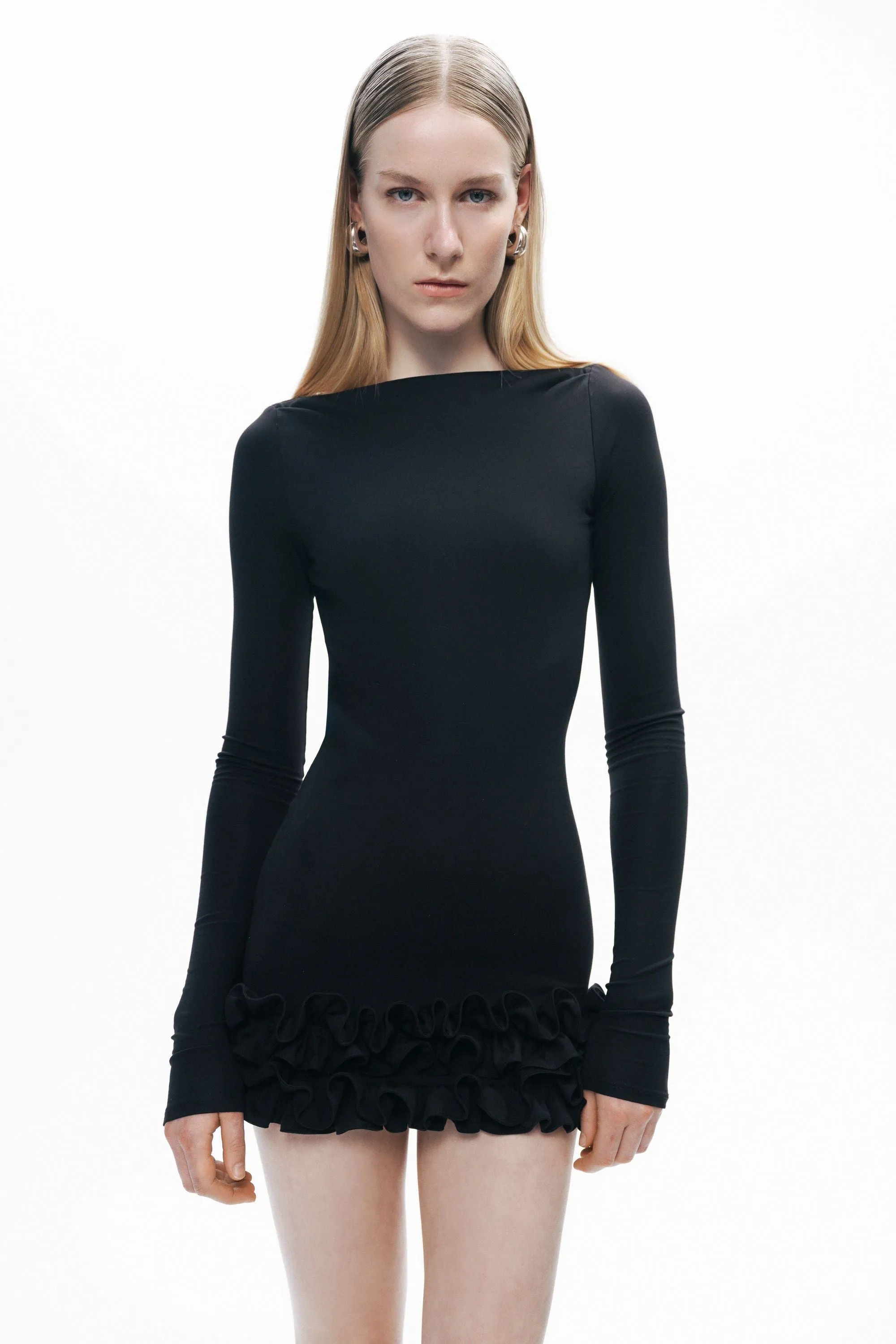 Black Frill Detailed Jersey Mini Dress sold by Lord & Taylor product image thumbnail 4