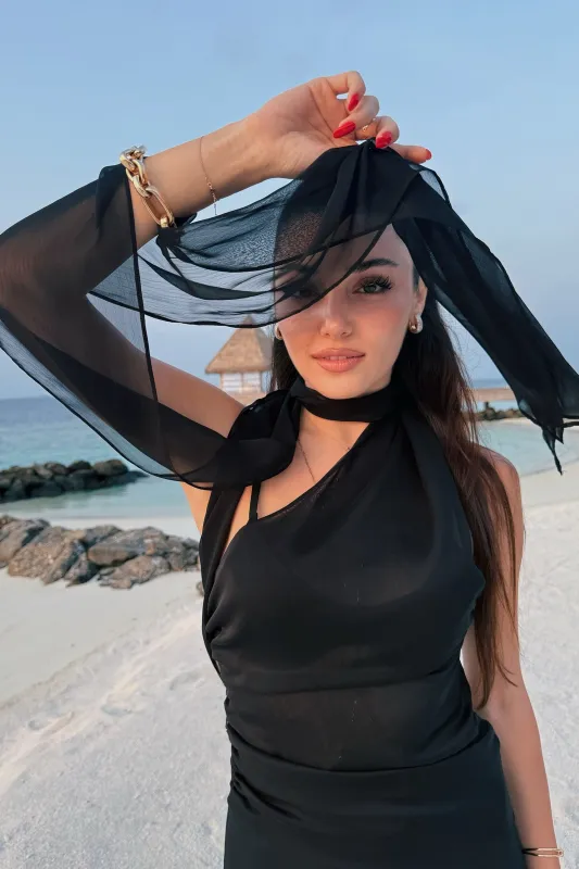 Black Shawl-Inspired Open Back Blouse sold by Lord & Taylor