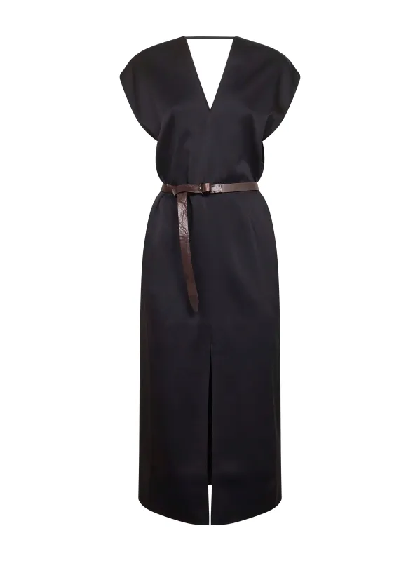 Black Cady Satin Belted Midi Dress sold by Lord & Taylor