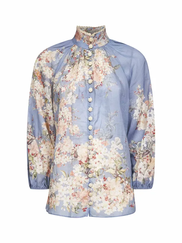 Teal Blue Botanical Floral Ramie Blouse sold by Lord & Taylor