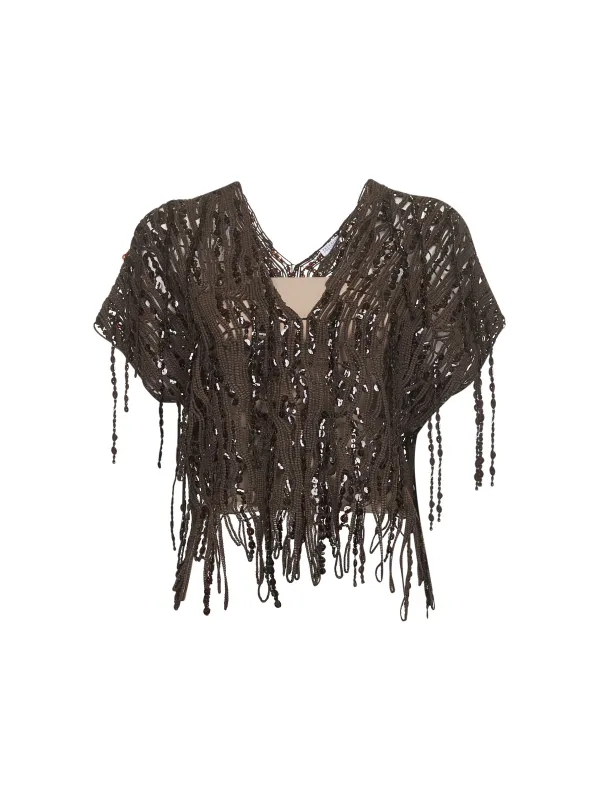 Brown Knit Dazzling Abstract Embroidery Top made by Brunello Cucinelli