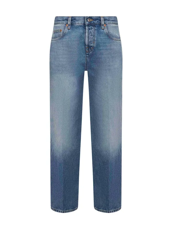 Light Blue Cotton Denim Straight Jeans sold by Lord & Taylor