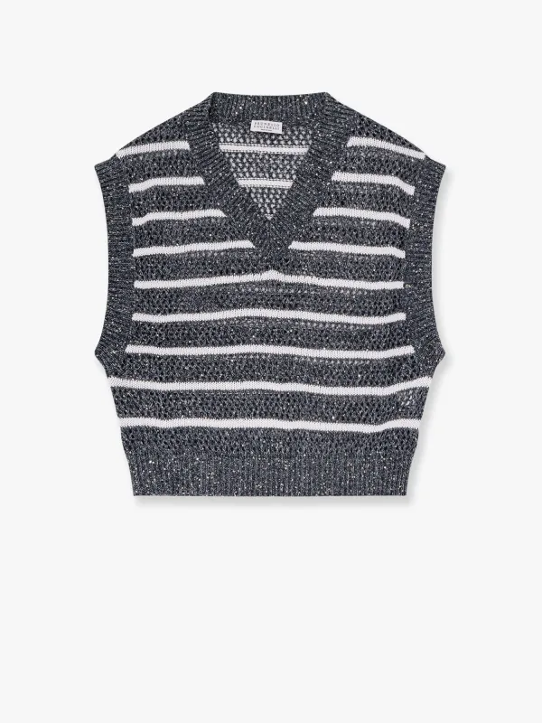 Dazzling striped net knit linen sweater made by Brunello Cucinelli