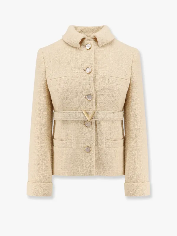 Wool blazer with leather belt and v gold buckle sold by Lord & Taylor