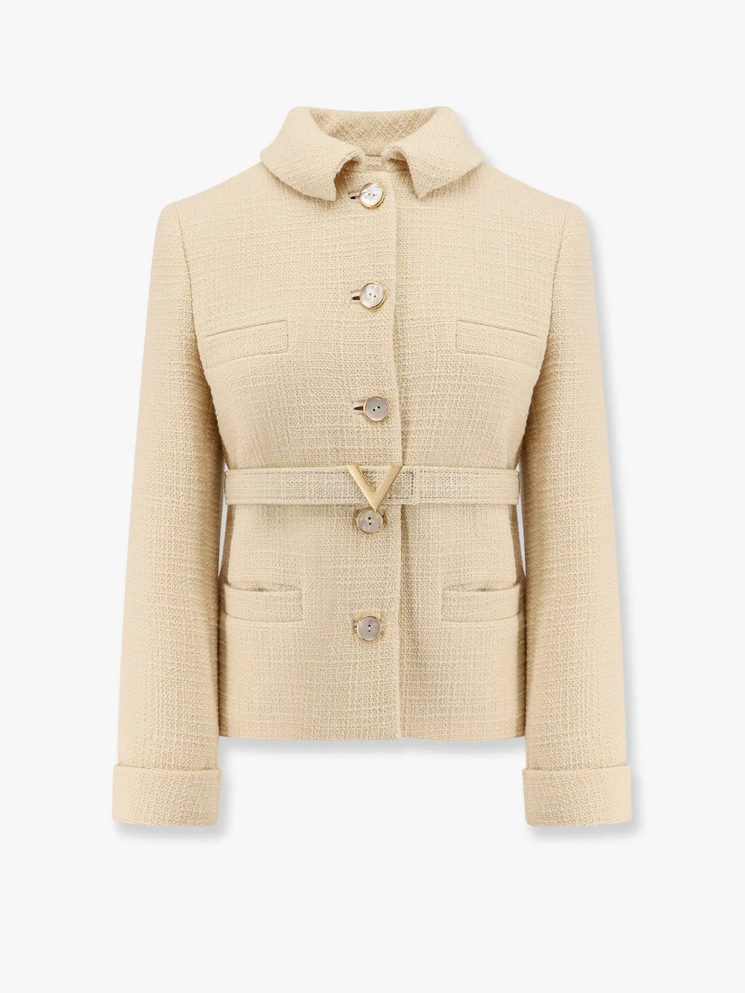 Wool blazer with leather belt and v gold buckle sold by Lord & Taylor