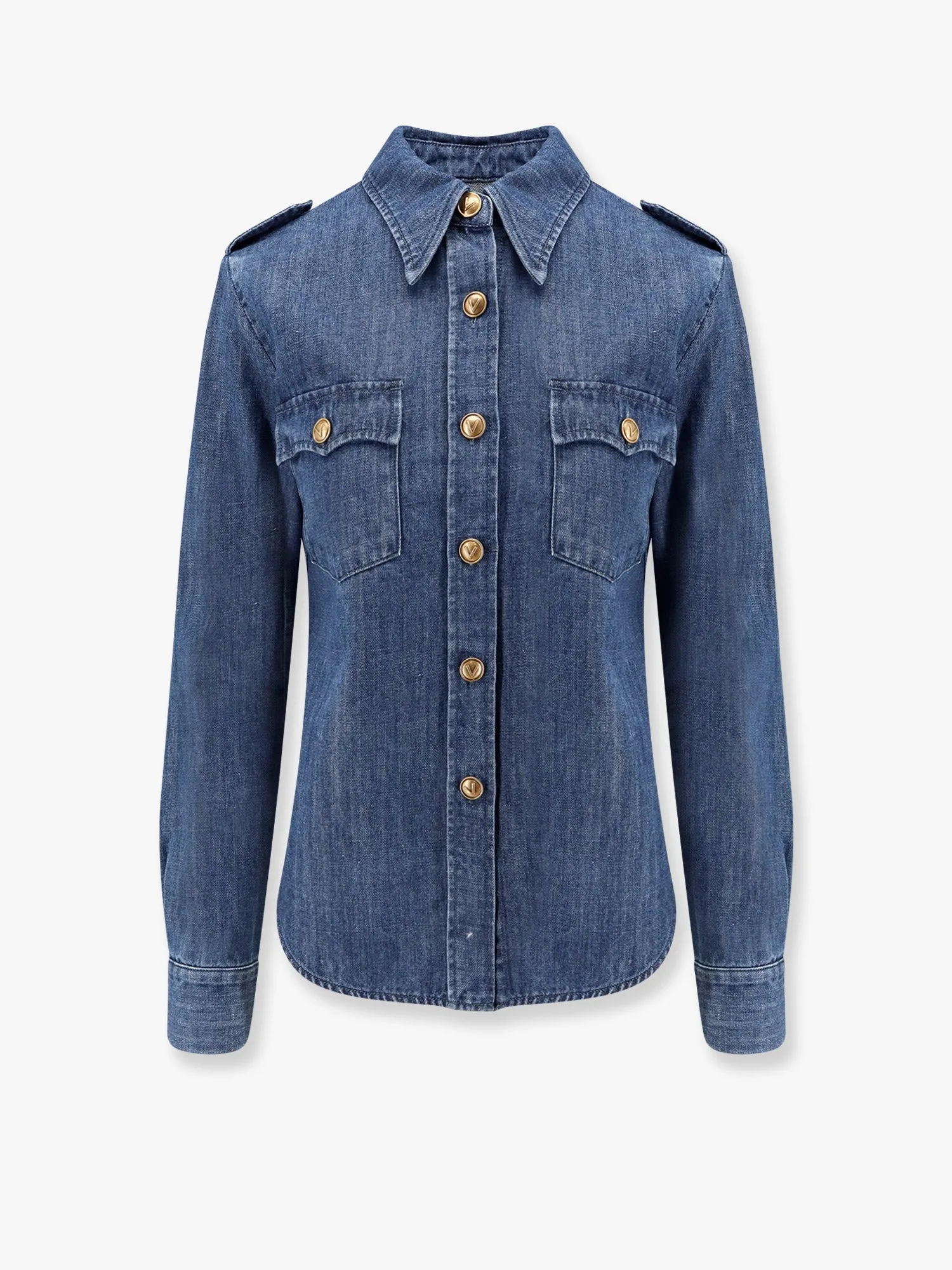 Denim shirt with vlogo buttons sold by Lord & Taylor