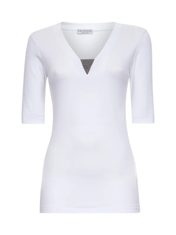 White Ribbed Jersey T-Shirt with Precious Insert made by Brunello Cucinelli