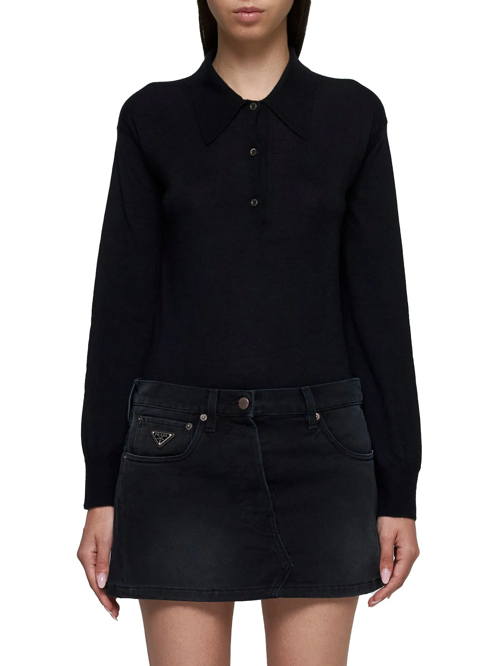 Prada Logo-Plaque Denim Miniskirt sold by Lord & Taylor product image thumbnail 3