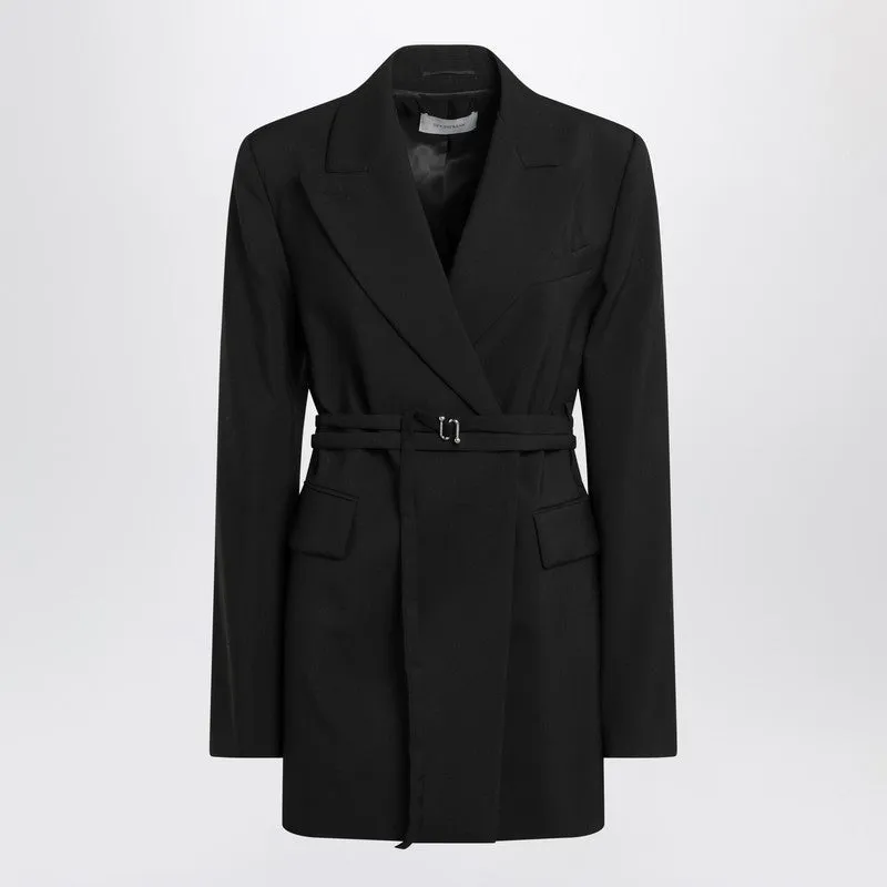 Long double-breasted black jacket with belt sold by Lord & Taylor