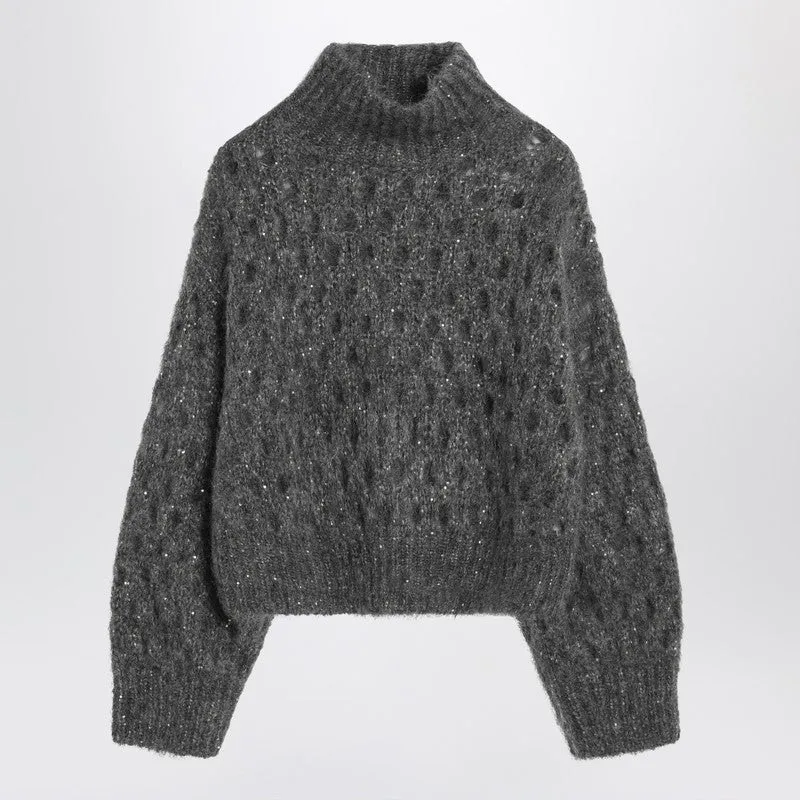 Brunello Cucinelli Grey openwork turtleneck sweater sold by Lord & Taylor