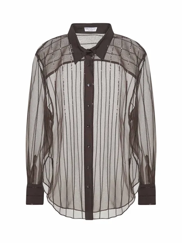 Brown Dazzling Chalk Stripe Embroidery Shirt sold by Lord & Taylor