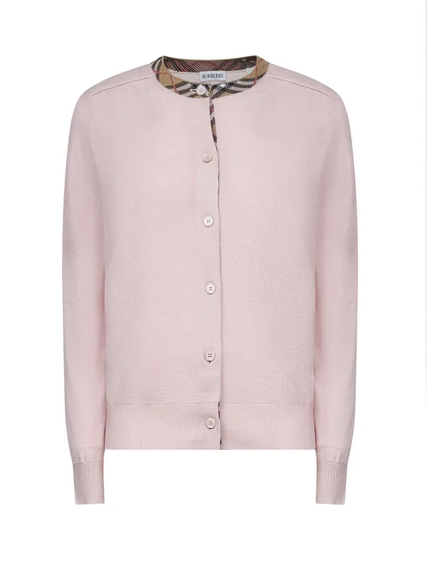 Pink Wool Check Trim Cardigan made by Burberry