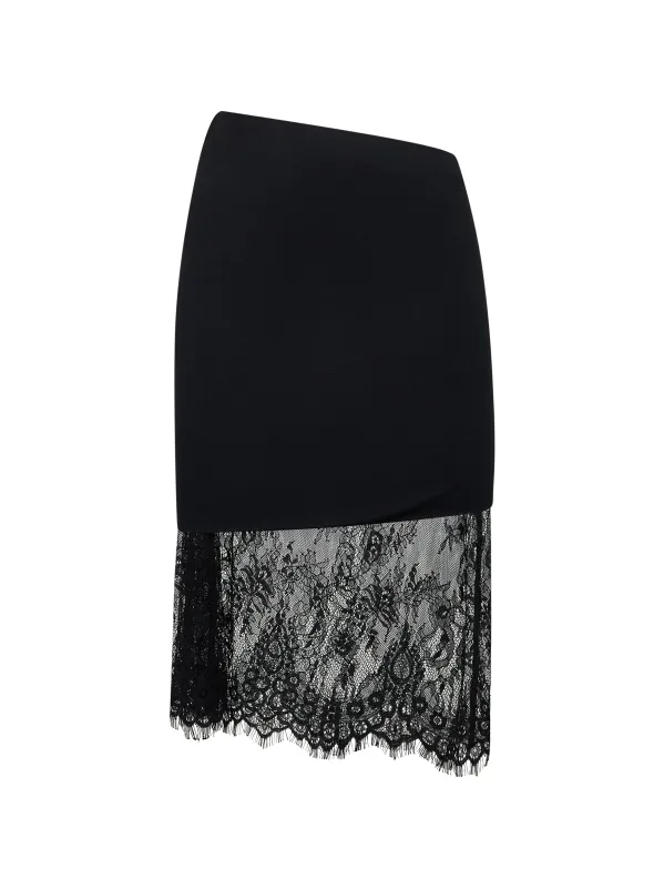 Black Jersey and Lace Asymmetric Midi Skirt sold by Lord & Taylor